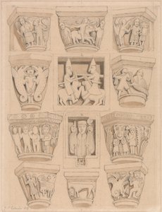 Capitals and A & B Bas-Reliefs in the Abbey Church of Saint Georges de Bocherville, near Rouen, Normandy by John Sell Cotman