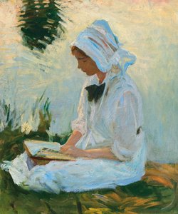 Girl reading by a stream