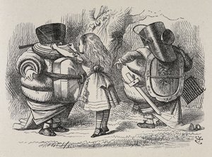 Alice dressing up Tweedledee and Tweedledum