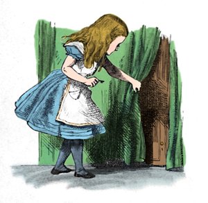 Alice looking at a small door behind a curtain, 1889 by John Tenniel