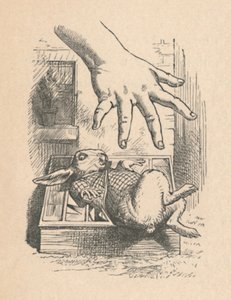 Alice putting her hand down to the White Rabbit by John Tenniel