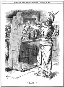 Britannia holding back Cholera at British ports. In the outbreak of 1892 about 260,000 died in Russia and 7,600 in Hamburg. The epidemic was prevented in Britain. John Tenniel cartoon from Punch London 10 September 1892. by John Tenniel