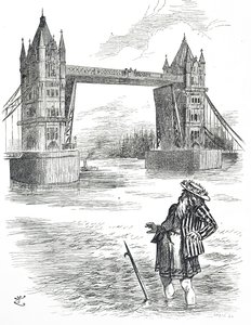Cartoon depicting Father Thames admiring Tower Bridge, London by John Tenniel