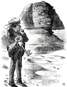 Cartoon depicting Prime Minister Benjamin Disraeli holding the Suez Canal as the key to the British possession and influence in India by John Tenniel