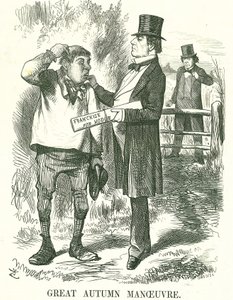 Great Autumn Manoeuvre: Gladstone thought that eventually the vote must be given to agricultural labourers (Hodge). At this time his premiership was shaky and Disraeli is waiting to take his place. John Tenniel cartoon from Punch, London, 9 August 1873. by John Tenniel