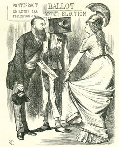 Hugh Childers (1827-1896) British parliamentarian, telling Britannia of the success of the new Ballot Box. John Tenniel cartoon from Punch, London, 24 August 1872. by John Tenniel