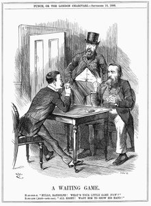 Lord Randolph Churchill trying to make Charles Stewart Parnell show his hand and let Churchill and Hartington know how he will use Parnellite votes he commands in House of Commons. John Tenniel cartoon from Punch 18 September 1886 by John Tenniel