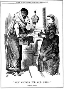 New Crowns for Old Ones!, Benjamin Disraeli offering the crown of India to Queen Victoria, 1876 by John Tenniel