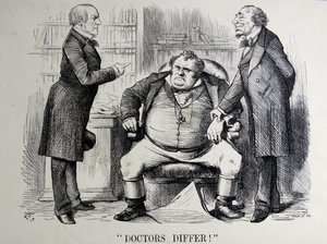 Political satire depicting William Ewart Gladstone, Benjamin Disraeli and John Bull