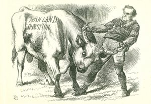 Taking the (Irish) Bull by the Horns: Bill passed by Parliament on 15 February 1870 and received royal assent on 8 July. William Gladstone, Prime Minister, dealing with the issue. John Tenniel cartoon from Punch, London, 26 February 1870. by John Tenniel