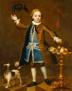 Portrait of a Boy, Full-Length, in a Brown Coat, Blue Waistcoat with Silver Braid, Holding a Cherry to a Parrot, a Spaniel to His Side, with Fruits on a Stand
