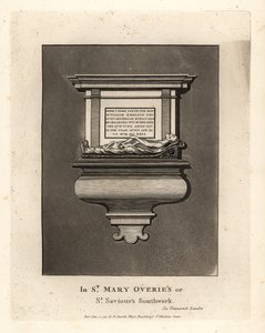 Grave effigy and monument to honest man William Emerson, died 1575, in St Mary Overie’s or St Saviour’s Southwark by John Thomas Smith