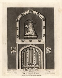 Grave effigy of Alicia, daughter of Simon Steward, with the Old Vestry Door in St Mary le Savoy by John Thomas Smith
