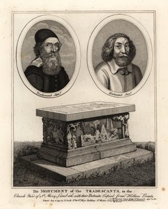 Oval portraits of naturalists and collectors John Tradescant the Elder and Younger, and their grave monument in the churchyard of St Mary Lambeth by John Thomas Smith