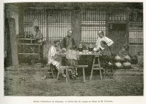 The craftsmen of a cloisonne workshop in Pekin (engraving after a photograph of M. Thomson to illustrate the journey to Pekin and northern China by T. Choutze, 1873, published in 