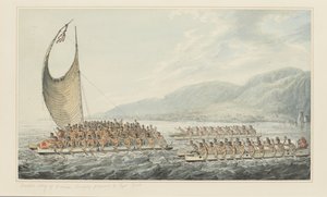 Tereoboo, King of Owyhee, bringing presents to Captain Cook, from a series of watercolours illustrating Captain Cook