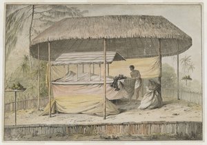 Waheiadooa, Chief of Oheitepeha, lying in state, recorded by Captain Cook during his visit to Tahiti on 19th August 1777. A funerary stage supports the shrouded corpse and an attendant. They are sheltered by a grass-roofed awning, and surrounded by a low p by John Webber