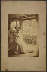 Woman in long striped dress seated inside room by John Whistler