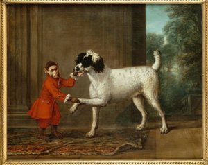 A Monkey wearing Crimson Livery dancing with a Poodle on the Terrace of a Country House by John Wootton