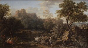 A Rustic with Ox Cart and Other Travellers in a Wooded Landscape