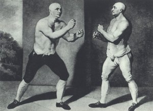 Early British barefist boxers, John Broughton and George Stevenson fight in 1741: Broughton invented boxing glove by John Young