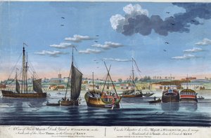 View of the royal docks at Woolwich, on the left bank of the Thames, in County Kent. Etching in colors by John Clevely the Younger by John the Younger Cleveley