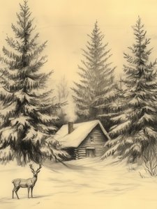 Rustic Winter Cabin Deer by Jolly and Dash