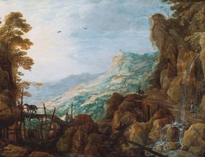 A Rocky Mountainous Landscape with a Horseman on a Bridge and a Waterfall