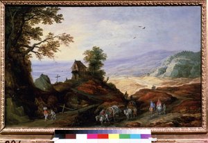 Landscape with a Chapel on a Hill. Peasants with plows walking on the paths.