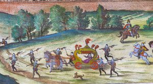 Arrival of Queen Elizabeth I at Nonesuch Palace with Her Courtiers, Guards, and Dogs (detail) by Joris Hoefnagel