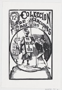 A man bending down to look at a woman with a sign on her back, illustration by José Guadalupe Posada
