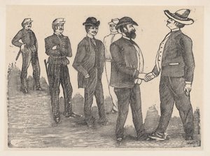Two men shaking hands in the foreground and officers watching them in the background by José Guadalupe Posada