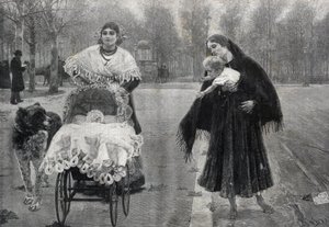 In the Tuileries Garden in Paris - The Contrast - Engraving after the painting by Jose Villegas Cordero (1844-1921) by Jose (after) Villegas y Cordero