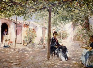 Ladies in a Sun-dappled Courtyard by Jose Gallegos Arnosa