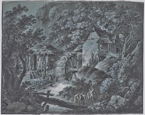 Mill in a Forest Landscape with Several People and a Giant