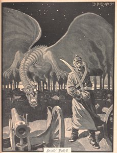 Drawing for the poem "Like Night". A dragon being produced by the smoke from factories, behind a German soldier. A surreal scene. by Josef Benedikt engl
