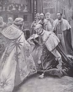 King Edward VII taking the oath at his coronation, Westminster Abbey, London by Joseph (after) Finnemore