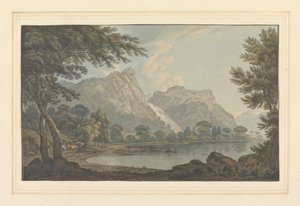 Lodore Rocks -- fall & cottage - distance by Joseph Farington