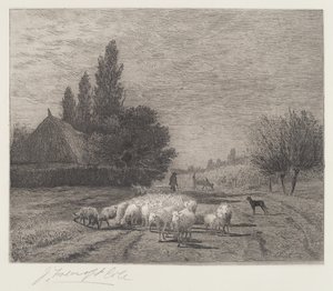 Village Street in France with a Flock of Sheep by Joseph Foxcroft Cole