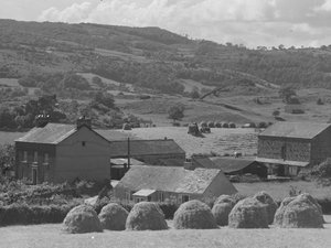 Haycocks in foreground with farm behind by Joseph Hardman