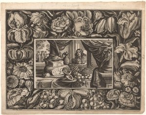Still Life of Cheese and Fruit with Ornamental Border by Joseph Kling