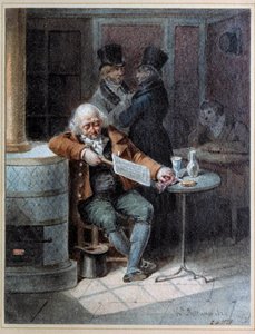 Reading of the Gazette: old man asleep in a cafe reading the newspaper 