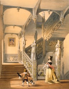 Grand Elizabethan staircase, Aldermaston, Berkshire by Joseph Nash