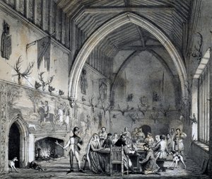 Hall at Moat House Ightham with banquet, Kent, engraving from Mansions of England in olden time