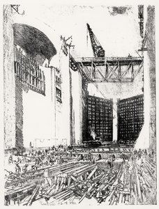 Laying the Floor: Pedro Miguel Lock, plate XVIII from The Panama Canal by Joseph Pennell
