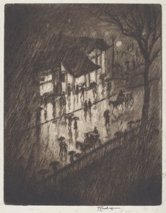 Rainy Night, Charing Cross Shops by Joseph Pennell