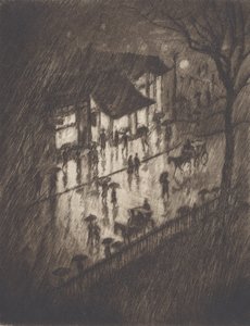 Rainy Night, Charing Cross Shops by Joseph Pennell