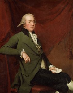 Portrait of Edward Abney, seated three-quarter-length, in a Green Coat, Holding a Letter against a Red Curtain by Joseph Wright of Derby