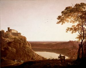 View of Lake Nemi at dusk by Joseph Wright of Derby