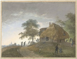 Fight at an Inn or House with Thatched Roof on a Hill by Josephus Augustus Knip